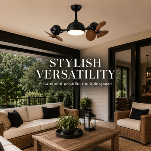DUO Dual Head Ceiling Fan installed in living room - modern black design    