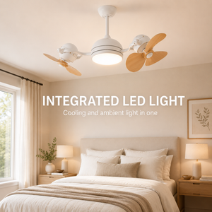 DUO Dual Head Ceiling Fan installed in bedroom - modern white design    